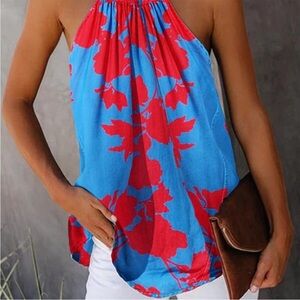 Unbranded Floral Halter Neck Top - Blue and Red XL